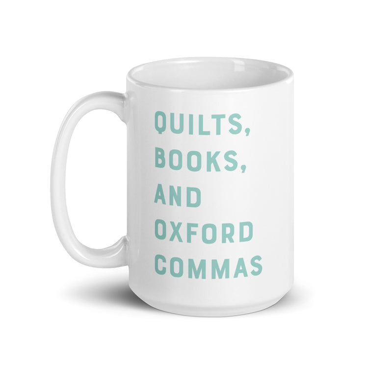 Quilts, Books, and Oxford Commas Mug